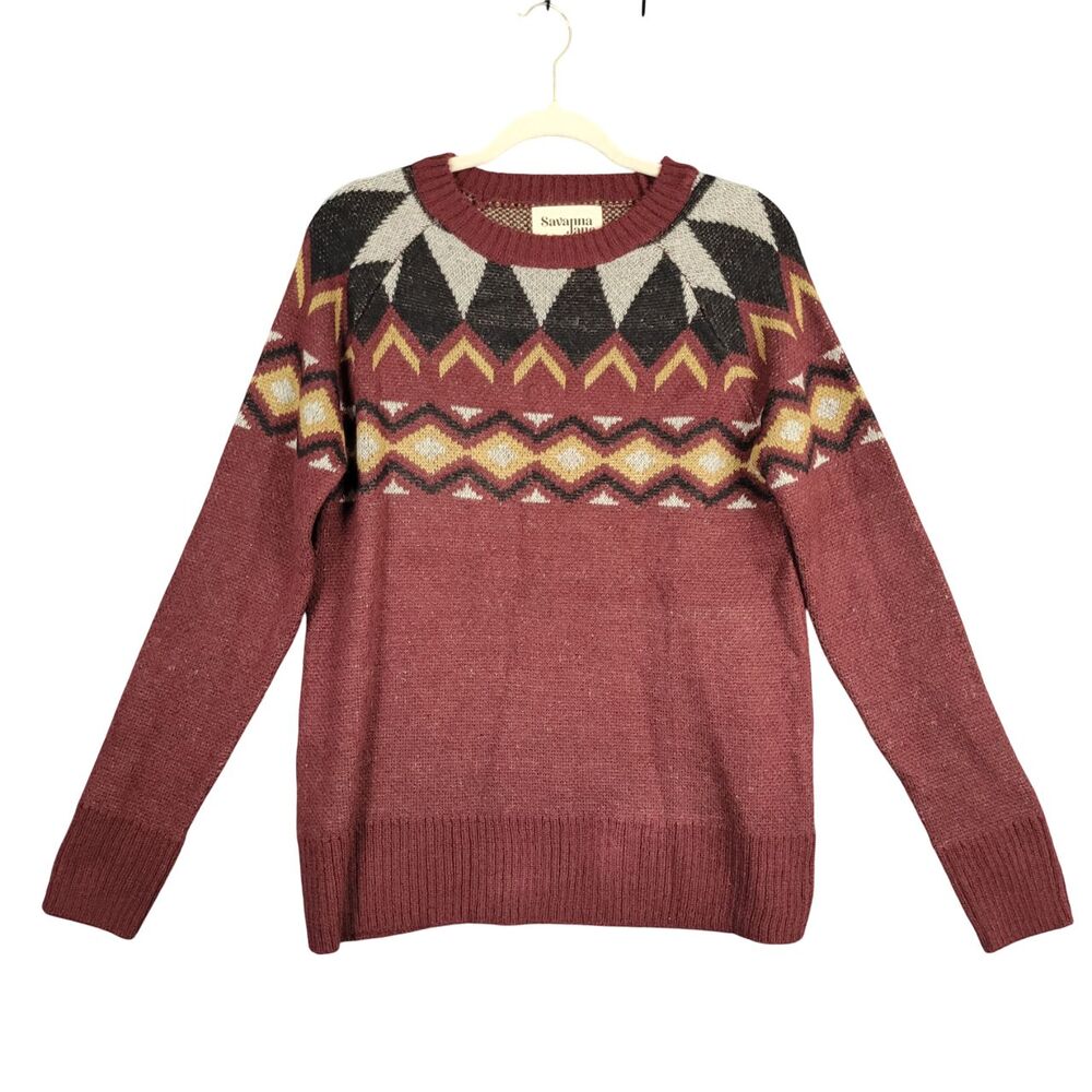 NWOT SAVANNA JANE 17379 Red Artsy Abstract Fair Isle Raglan Sweater SIZE SMALL